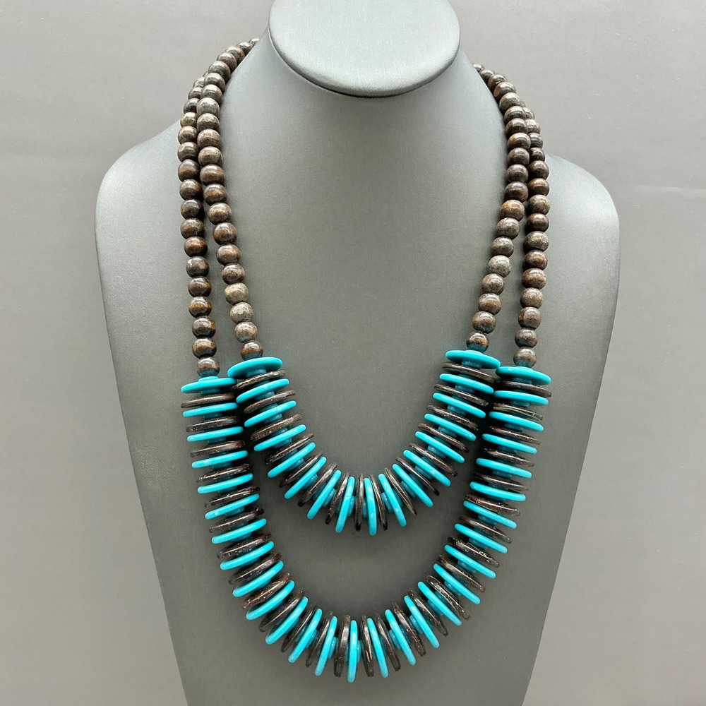 Beaded Double Layer Necklace Women Brown Turquoise Boho Wood Disk Statement 9116
